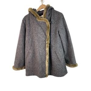 J. Jill Women's M Gray Wool Blend Faux Fur Trimmed Hooded Toggle Button Coat *
